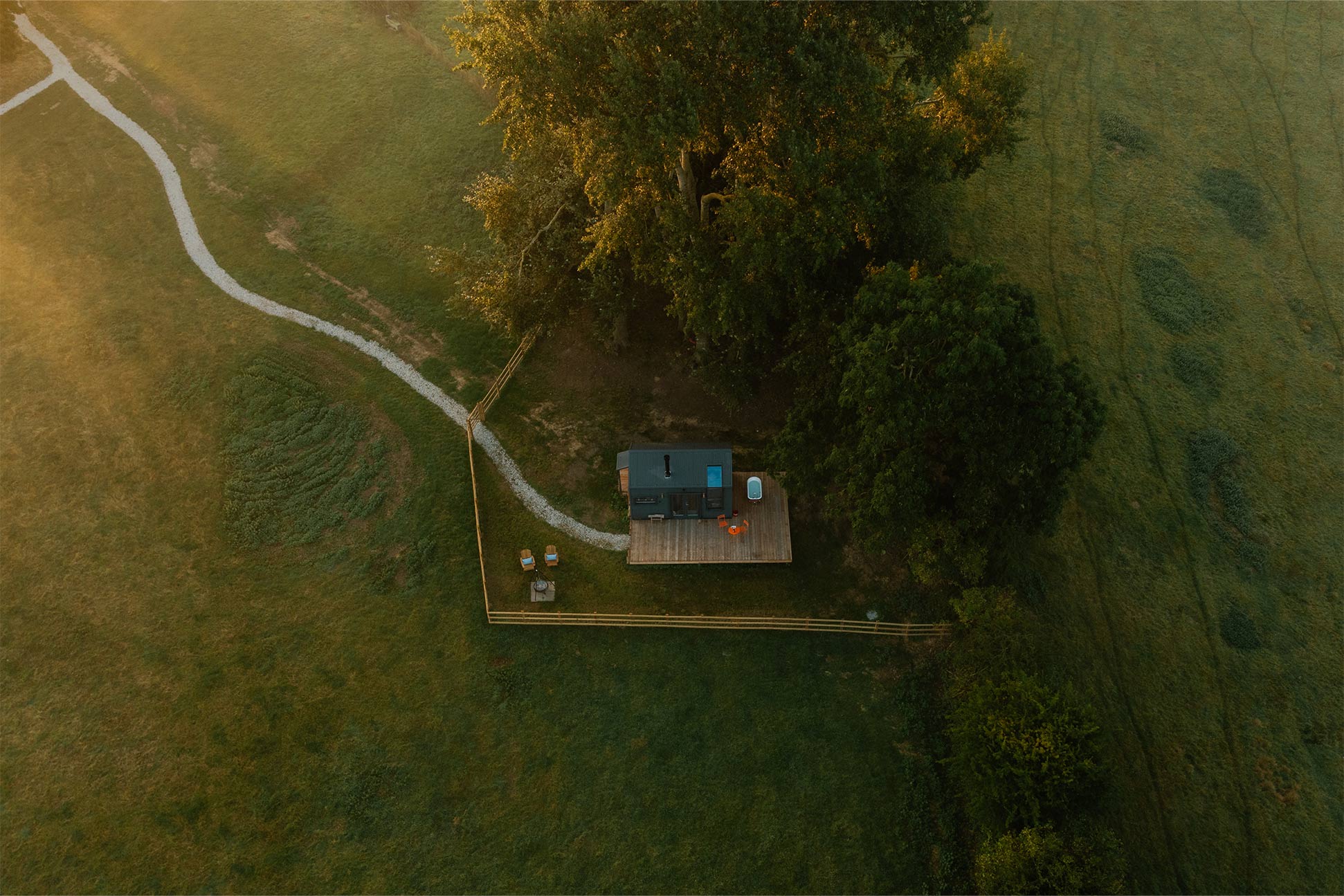 aerial view of glamping cabin